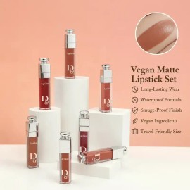 6-Piece Nude Matte Cream Lipstick Set – Long-Lasting Waterproof Velvet Lip Gloss Kit, Smudge-Proof Vegan Travel-Size Lip Makeup Collection