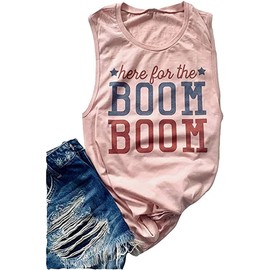 kfulemai Women's Here for The Boom Tanks Tops 4th of July Shirts Graphic Tee Patriotic Independence Day Sleeveless Shirt(XL,B)