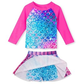 Teenager Girls Mermaid Swimsuit Purple Long Sleeve Rash Guard Swimwear Quick Dry Two Piece Bathing Suit with Skirt Bottom for Brithday Gift 7-8 Years