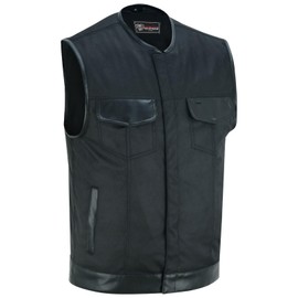 Men's Premium Black Textile Collarless Motorcycle Club Vest with Leather Trims (Black Textile, Large)