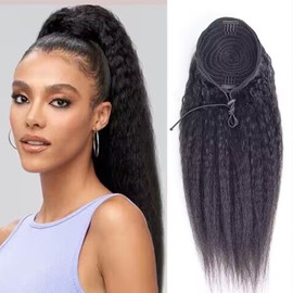 Datanala Kinky Straight Human Hair Ponytail Extensions Drawstring Ponytail Extension Brazilian Remy Kinky Straight Human Hair Ponytail Clip in Hair Extensions Natural Black Color for Black Women (18Inch)