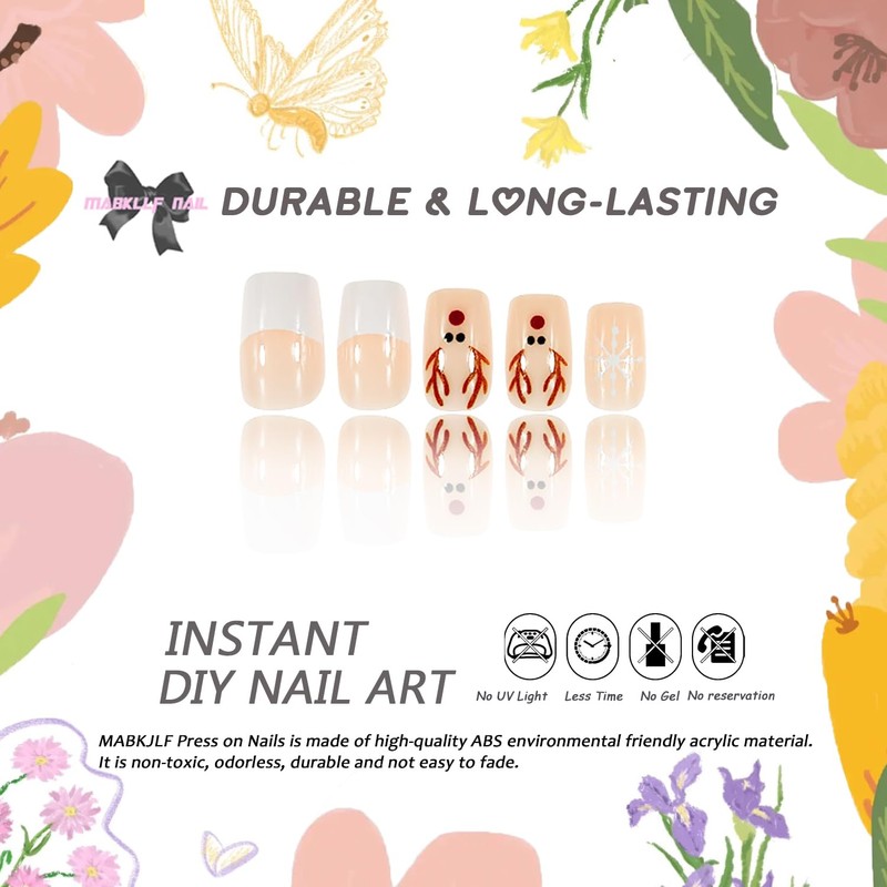 Christmas Press on Nails Medium Square MABKJLF White French Tip