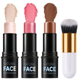 3Pcs Contour Highlighter Blush Sticks with Brush - Cream Contour Bronzer Stick for Cheeks Eyes Lips, Long Lasting Waterproof Smooth Makeup Sticks for All Skin Type Face Makeup（Set F）
