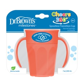 Dr Brown's Milestones Cheers 360 Cup Spoutless Transition Cup with Handles for Easy Grip and Leak-Free Learning, 7 oz/200 mL, 6m+