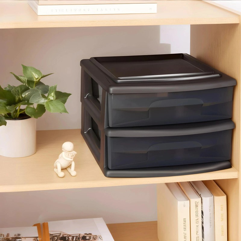 Homz Plastic 2 Drawer Medium Storage Cart, Black Frame with