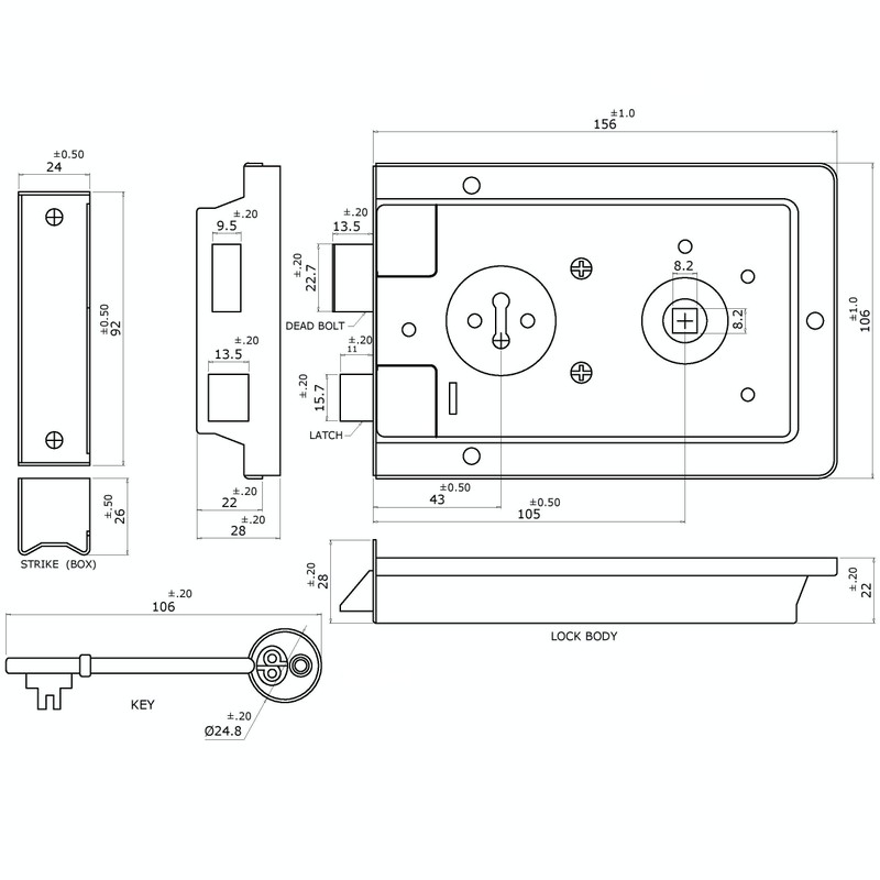 Rim Sashlock Surface Mounted Lock 156 x 106mm Fluted Pattern