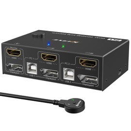 DP HDMI KVM Switch 2 Computer 2 Monitors, Dual Monitors Displayport USB KVM Switcher Supports 4K@60Hz for 2 Computers Share Keyboard, Mouse and Monitor
