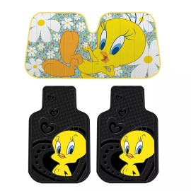 All Weather New Tweety Bird Flowers All Weather Rubber Front Floor Mats & Auto Sun Shade
