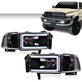 LQI LED Light Strip Headlights w/o Bulbs Compatible with Dodge Ram 1500 1994 1995 1996 1997 1998 1999 2000 2001/Dodge Ram 2500 3500 1994-2002 Clear Lens Black Housing Clear Reflector