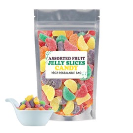 Assorted Fruit Slices Candy - Jelly Fruit, Orange Slices Candy, fruity jelly candies, lemon candies, gum drops candies-16OZ Resealable bag
