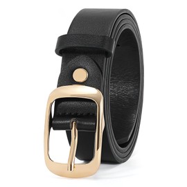 WHIPPY Women Plus Size Leather Belt Fashion Cowhide Belt with Fixed Pin Buckle for Jeans Pants Dress, A-Black (Gold Buckle)
