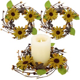 FineCheer 2 Pcs Retro Sunflower Spring Candle Wreaths 6 Inch Candle Rings with Iron Bee Honeycomb Pip & Leaf Pillar Candle Wreaths for Holiday Kitchen Home Table Centerpiece Indoor Outdoor Display