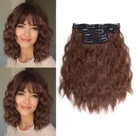 ZIRANJUAN Curly Clip in Hair Extensions 12 inch Short Wavy Brown 4PCS Invisible Lace Weft Heat Resistant Synthetic Hair for Women（4/30 Dark Brown