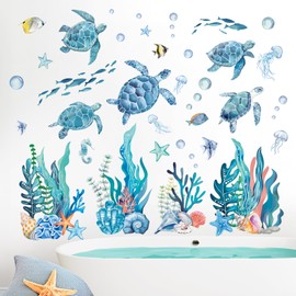 FUFUQUARE Blue Turtle Wall Stickers Under The Sea Jellyfish Seaweed Wall Decals DIY Peel and Stick for Kids Bedroom Living Room Bathroom