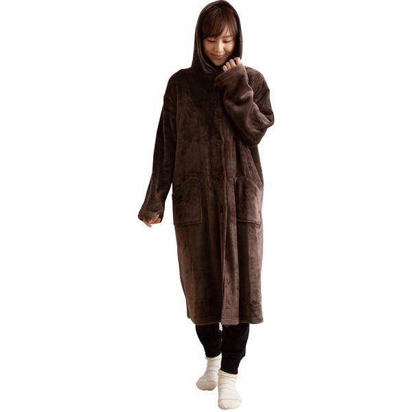 AQUA mofua Premium Microfiber 60156606 Wearable Blanket with Heatwarm Moisture-Absorbing and +3.6 °F (2 °C) Heat-Generating Material, Hooded, Winter, Unisex, Fluffy, Machine Washable, Size M, Brown