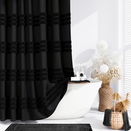Dynamene Extra Long Shower Curtains, 84 Inches Long Textured Tufted Chenille Striped Fabric Bathroom Shower Curtain, Tall Modern Shabby Chic Cloth Shower Curtain Set with Hooks, Black, 72x84