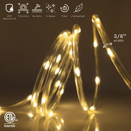 WYZworks 25ft Warm White LED Rope Light - 8 Modes, Waterproof Outdoor Accent Lighting with Remote, Flexible Clear Tube, ETL Certified, Garden, Patio, Backyard, Holiday Christmas, Tree, Ambient Decor