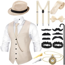 Hercicy 1920s Mens Costume Accessories Outfit Set, Gangster Vest Hat Suspenders Vintage Pocket Watch 20s Clothing(Large,Beige)