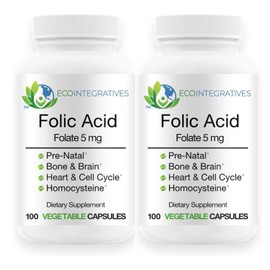 EcoIntegratives Folic Acid Folate 5mg (B9) Prenatal, Reproductive Health, Homocysteine, Metabolism, Cardiovascular, Bone, Immune Support, Allergen Free, Non GMO - 100 Vegan Capsules (2 Pack) (2)