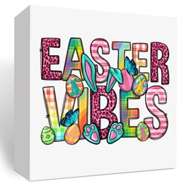 Easter Decor Easter Bunny Decor Easter Eggs Decor Happy Easter Decor Easter Vibes Daisy Leopard Rabbit Paw Decor, Wooden Box Decor for Rustic Home Bedroom Living Room Table Shelf Office