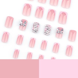 Pink French Tip Press on Nails Short False Nails Square Full Cover Glue on Nails Bow-Knot Flash Rhinestone Flowers Designs Valentines False Nails Glossy Stick on Nails for Women Acrylic Manicure Salon