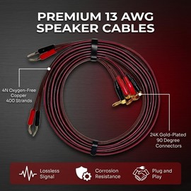 CDPMWVC 13 AWG Speaker Cable 6ft 2-Pack, OFC Banana Plug to Braided Pin Connector, 24K Gold Plated 90 Degree Angled, for Amplifier AV Receiver Home Theater Audiophile Stereo System