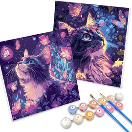 Paint by Numbers Adults 2 Pieces, Paint by Numbers Cats with Frame, Paint by Numbers Children Adults Beginners with Brush, Painting by Numbers Animals for Home Decor, Cat + Butterfly (20 x 20 cm)