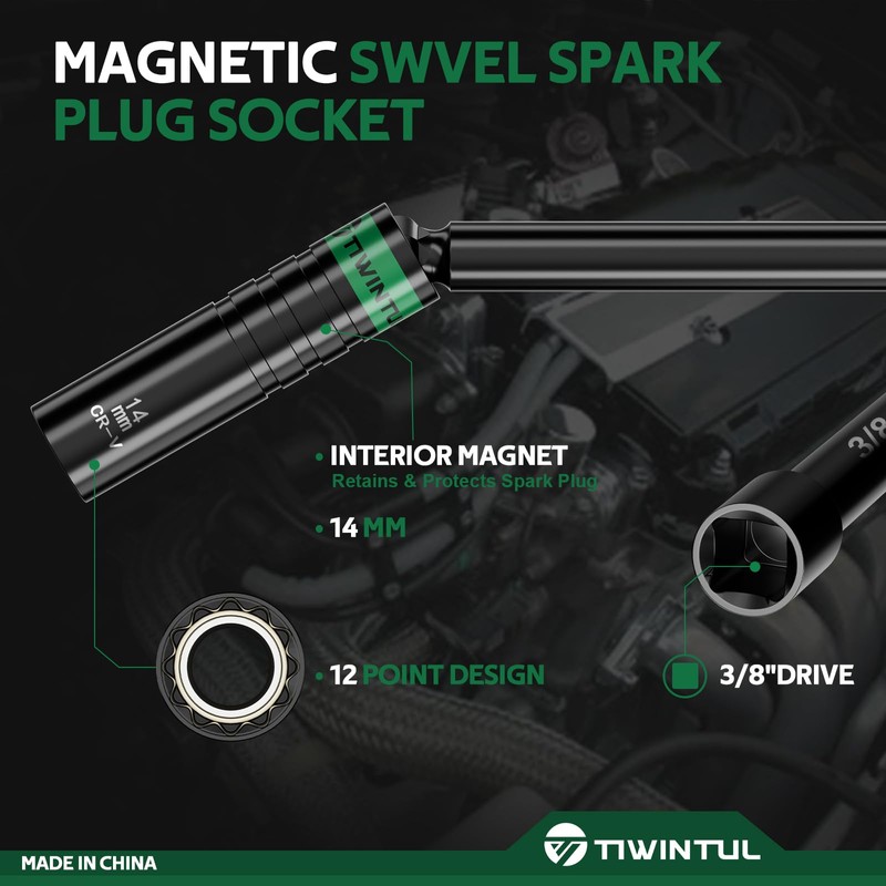 TIWINTUL 14mm Swivel Magnetic Spark Plug Socket, 3/8" Drive x