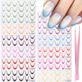 Fcozpjk French Tip Line Nail Stickers Ombre, 11 Sheets Colorful Smile Lines French Stickers for Nails 3D Self Adhesive French Tip Guides Nail Decals With Tweezers Gold Stripe Lines Pegatinas para Uñas