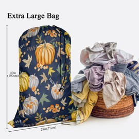 Swono Autumn Orange Pumpkins Drawstring Closure Dirty Clothes Bag Organizer, Heavy Duty Large Laundry Bag, Retro Style Fall Flowers Peony Rose Maple Leaf Rip-Stop Bags for Camp Travel, Machine