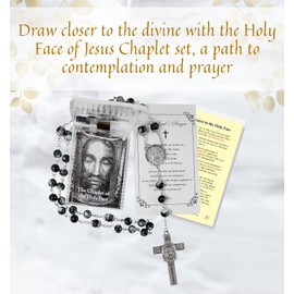 Chaplet of The Holy Face of Jesus - Holy Face Prayer Card, The Lord's Prayer - Black Beads Holy Face Chaplet - Holy Face Medal Rosary, Catholic Cards Set - Coronilla de la Santa Faz de Jesus - 3 Items
