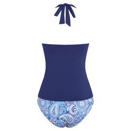 ZAFUL Women's Halter Two Piece Tankini Swimsuit Cowl Neck Swim Tank Top High Waisted Tummy Control Bathing Suits Navy Blue L
