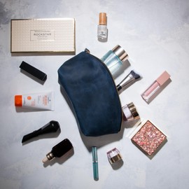 Premium Cosmetic Bag Women's Leather - Luxury Makeup Bag Women's Leather with Large Compartment - Elegant and Durable Makeup Bag Leather for Travel and Daily Use, navy, Cosmetic case