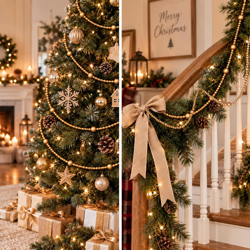 Gold Christmas Wood Bead Garland, 12 FT Farmhouse Boho Tree