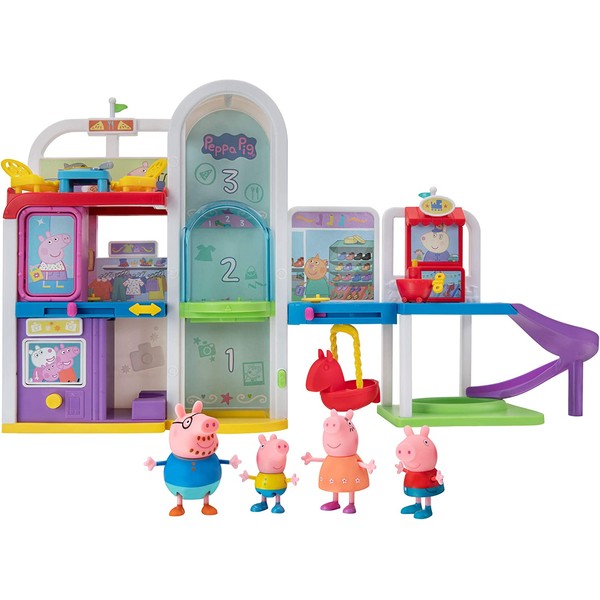Peppa Pig Shopping Mall with Family, Includes 1 Connectable Mall Playset, 4 Character Toy Figures, 2 Chairs, 1 Pizza Table, 1 Toy Boat – Toys for Kids -