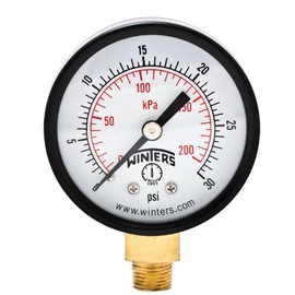 WINTERS PEM206 PEM Series Steel Dual Scale Economical All Purpose Pressure Gauge with Brass Internals, 0-30 psi/kpa, 2" Dial Display, -3-2-3% Accuracy, 1/8" NPT Bottom Mount