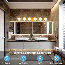 Lightdot 6-Light Modern Bathroom Vanity Light, 38" Gold Metal Frame with Globe Shatterproof Plastic Shades, Dimmable G9 Base Vanity Light for Bathroom/Livingroom/Mirror/Cabinet/Hallway