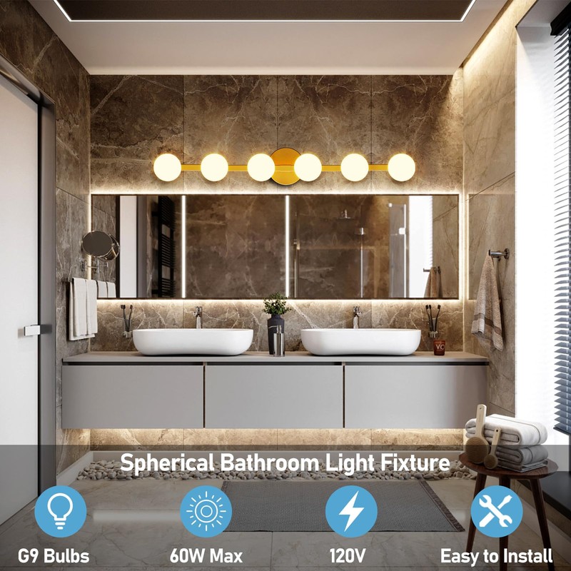Lightdot 6-Light Modern Bathroom Vanity Light, 38" Gold Metal Frame