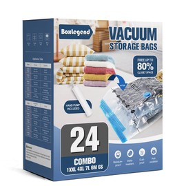 BoxLegend Vacuum Storage Bags 24 Combo Thickened Vacuum Pack Bags Space Saving Double Zipper Seal & Leak Valve Reusable for Clothes Pillow Comforters Bedding, 1XXL+ 4XL+7L+6M+6S, 1 Large Pump