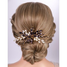 Teyglen Bride Crystal Wedding Hair Comb Pearl Bridal Headpiece Sparkly Gold Purple Rhinestone Pearl Hair Side Comb Handmade Crystal Hair Piece Hair Accessories for Women (Gold-Purple)