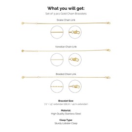 Made by Nami Stainless Steel Cuban Link Bracelet for Men - Hip Hop Cuban Link Bracelet - Set of 3 Gold Bracelet for Men (Braided, Venetian and Snake Chain Links)