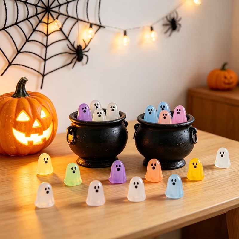 150 Pcs Halloween Luminous Mini Ghosts Figures, 7 Colors Little