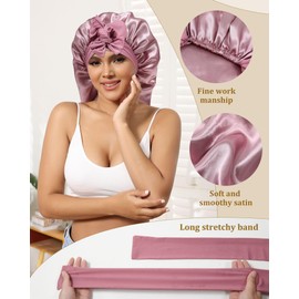 AWAYTR Long Hair Bonnet for Sleeping - Mask and Hair Scunchies Set Stain Womens Bonnet with Elastic Tie Band(Rose Gold)