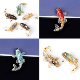 DIYOMR Set of 6 Crystals Fish Hand-dripped Resin Fused with Colorful Crystal Rocks Stones Fake Gold Coins,Blessed Carp Bring Luck Wealth,DIY Home Wall Desk Decor