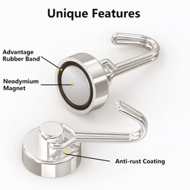 Tohoer Magnetic Hooks, Heavy Duty Neodymium Magnet Hook 30LBS with Rust Proof for Indoor Outdoor Hanging,Refrigerator,Grill,Kitchen,Key Holder,Black,Pack of 8 (20MM)