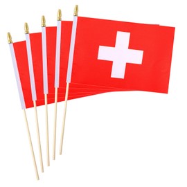 5 Pack Switzerland Swiss Small Mini Wood Hand Held Stick Flag,Suitable For Various Holiday Parties, World Cup, National Day, And National Flag Day.
