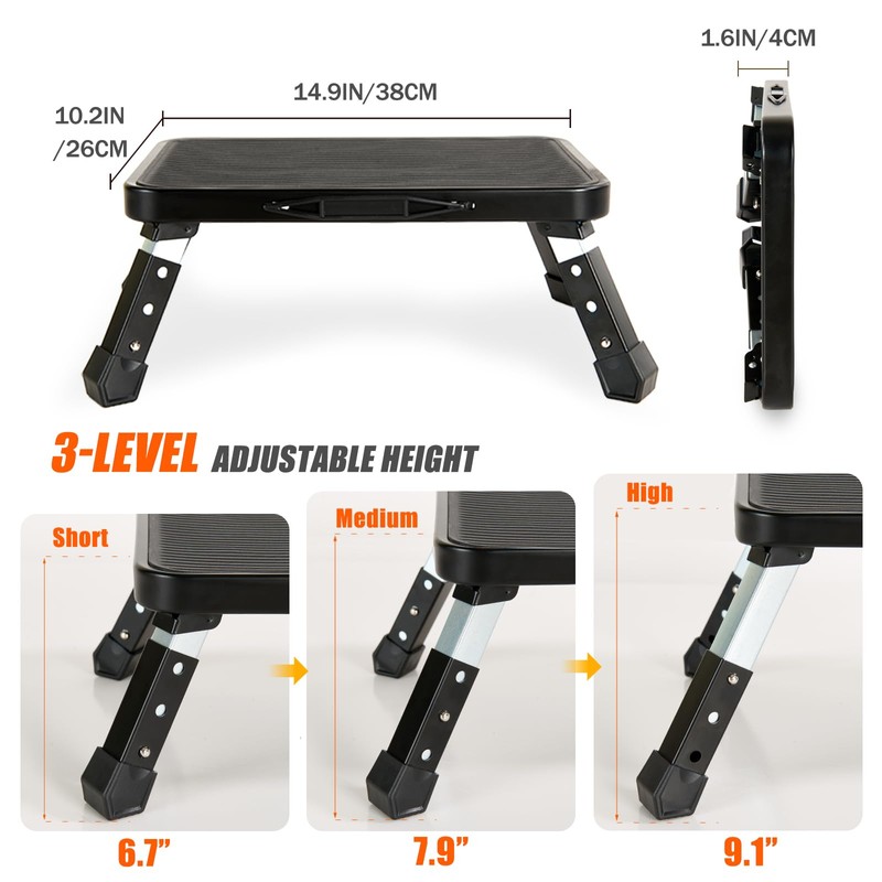Folding Step Stool, Height Adjustable 1- Step 330lbs, Sturdy Portable