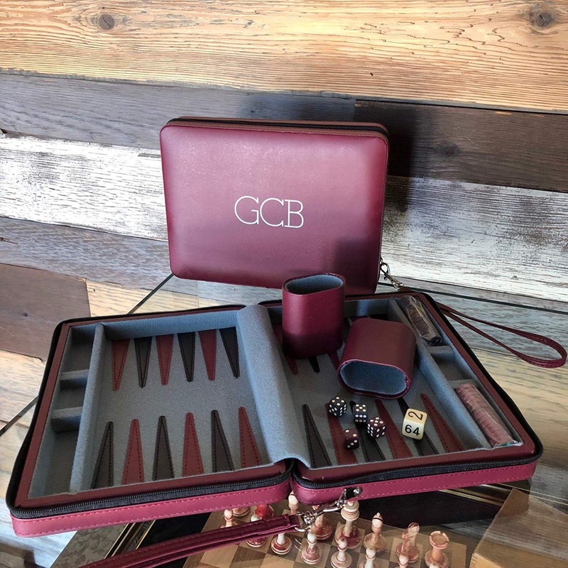 WE Games Custom Monogram Magnetic Travel Backgammon Set - Burgundy