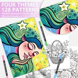 Adult Coloring Book for Adults Relaxation, Stress Relief Coloring Book with 24 Dual Tip Markers, Relaxing Gifts for Women, 128 Patterns Include Mandala Flower VAN GOGH PICASSA Style (4 Pack)