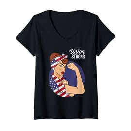 Womens Union Labor Day Shirts for Women Rosie the Riveter USA Flag V-Neck T-Shirt